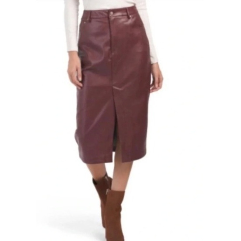 7 For All Mankind Faux Leather Midi Skirt Burgundy Wine Pencil Front Slit Small
